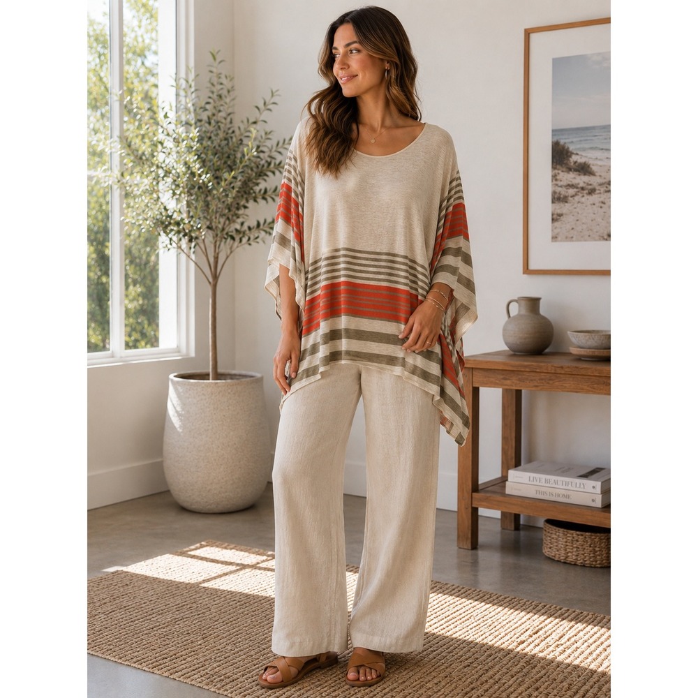 Max Edition Womens Striped Dolman Sleeve Poncho Top Oatmeal Orange S/M 5701F39